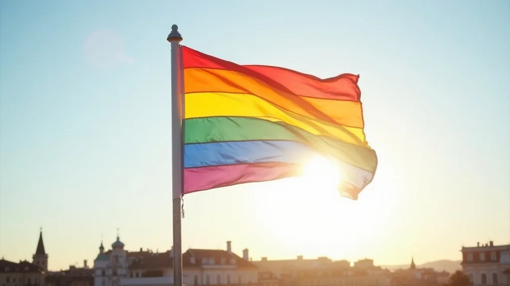 grand drapeau arc-en-ciel flottant sur un toit dans le ciel matinal a Nîmes