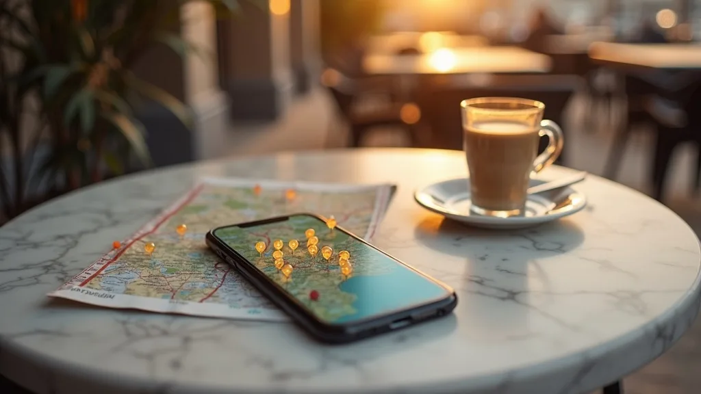 smartphone aux épingles de carte sur une table de café ensoleillée a Nîmes