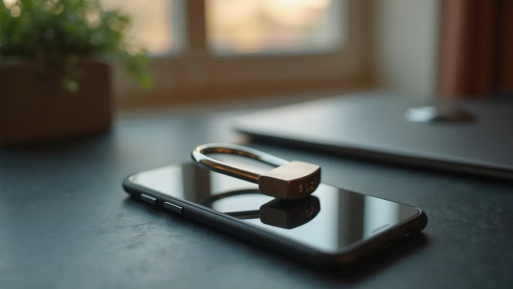 cadenas en acier brossé fermé sur un smartphone face cachée sur ardoise a Nîmes
