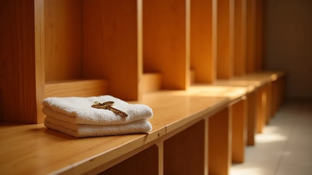 bancs de vestiaire en cèdre, serviette pliée et clé numérotée laiton a Nîmes