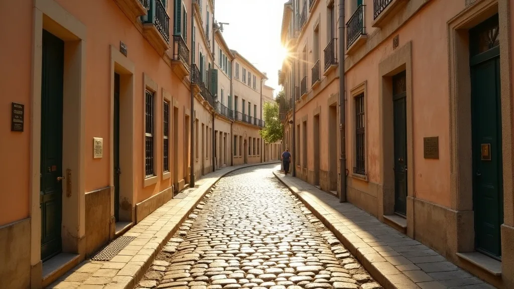 rue paveee bordee de facades pastel, lumiere doree du soir a Nîmes