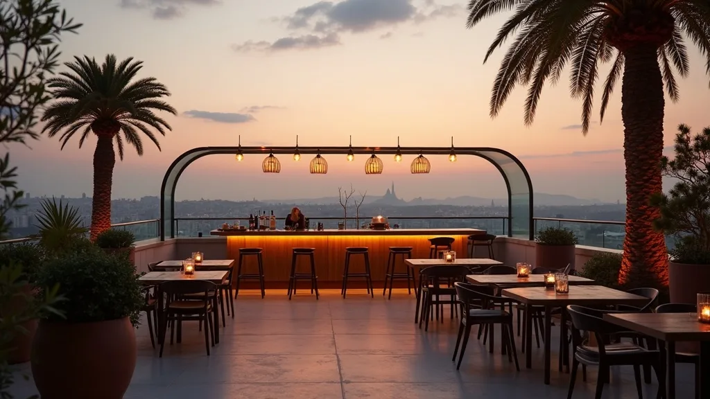 bar en rooftop au verre courbe surplombant la ville, crepuscule ambre a Nîmes