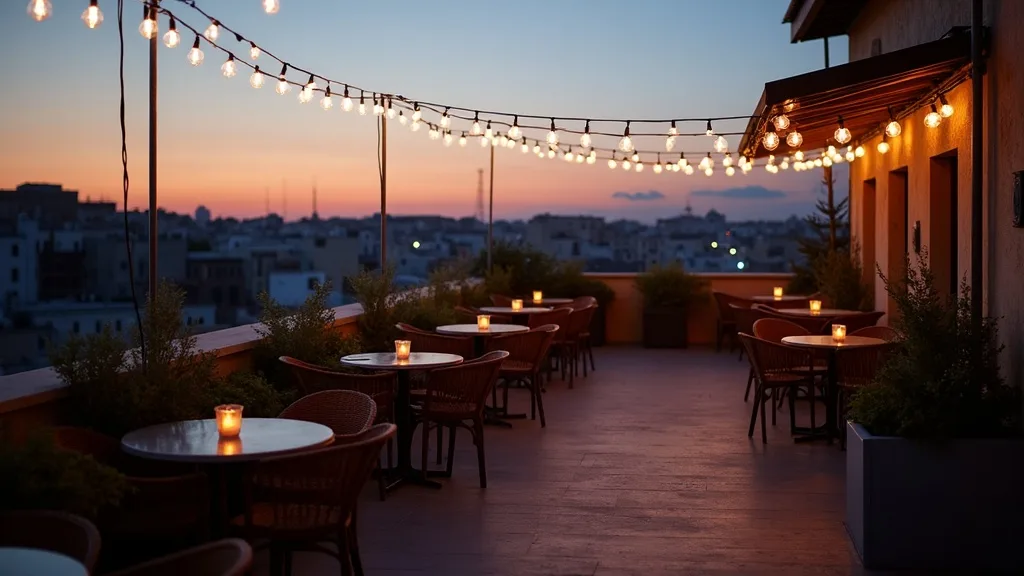 terrasse en rooftop au crépuscule, chaises bistrot et guirlandes face à la skyline a Nîmes