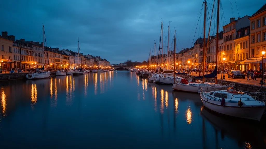 port au crépuscule, bateaux amarrés et lanternes reflétées a Nîmes