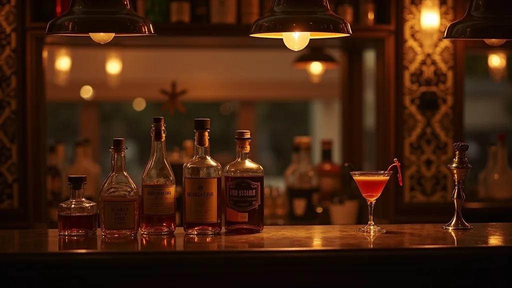 étagère de bar à cocktails en laiton, lueur chaude d'une lampe au crépuscule a Nîmes