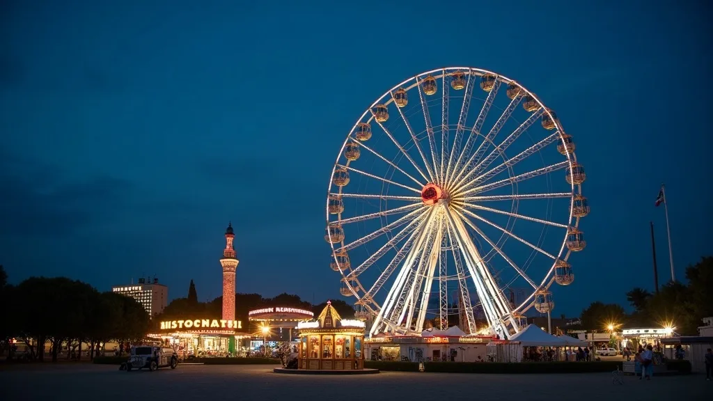 grande roue illuminée se découpant sur le ciel du soir a Nîmes