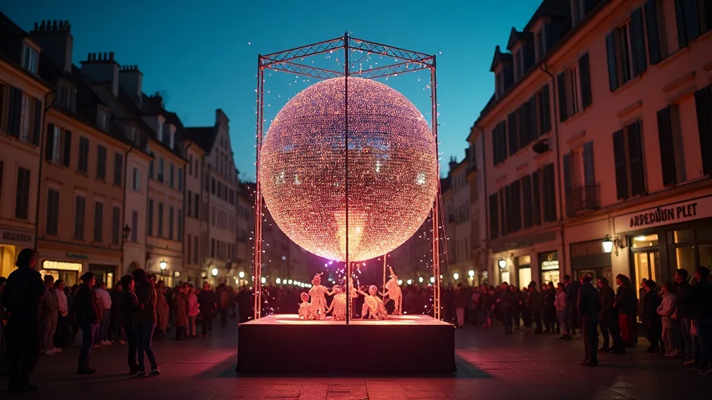 boule a facettes geante sur un char de parade au crepuscule a Nîmes